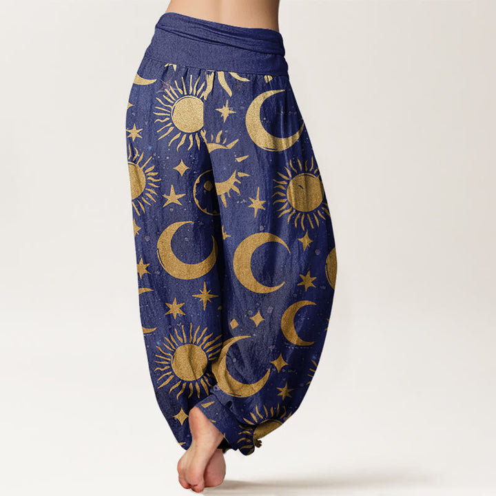 Haremshose mit elastischer Taille und Buddha Stones, Halbmond, Sonne und Sternenmuster für Damen - image 6