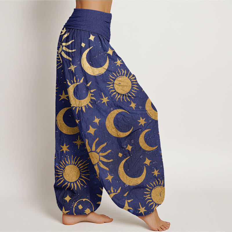 Haremshose mit elastischer Taille und Buddha Stones, Halbmond, Sonne und Sternenmuster für Damen - image 7