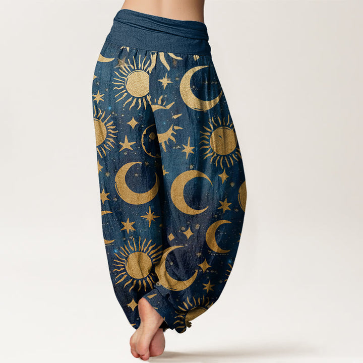 Haremshose mit elastischer Taille und Buddha Stones, Halbmond, Sonne und Sternenmuster für Damen - image 9