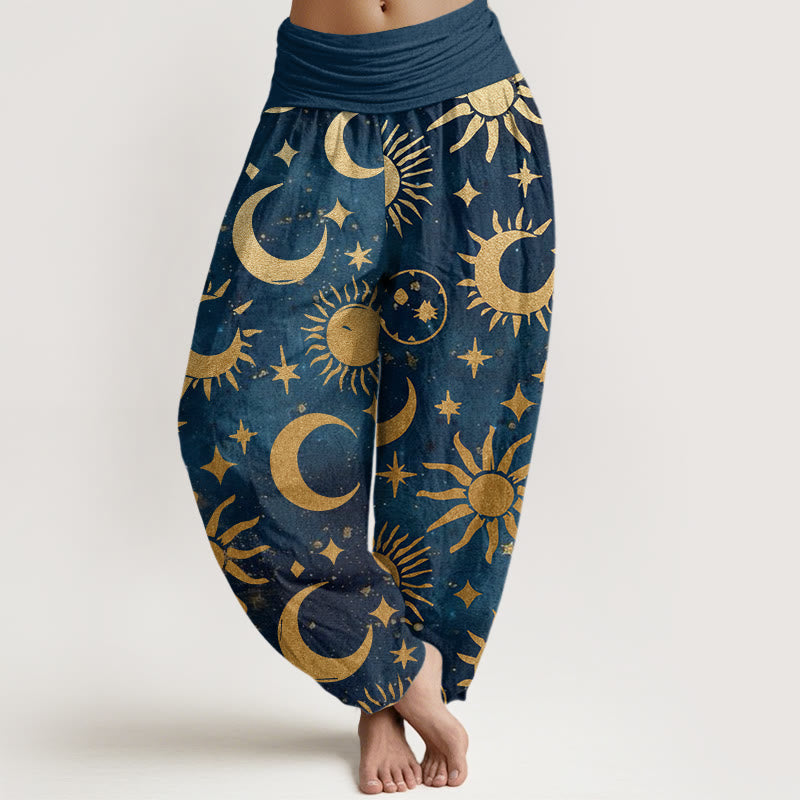 Haremshose mit elastischer Taille und Buddha Stones, Halbmond, Sonne und Sternenmuster für Damen - Königsblau - US22， UK/AU26，EU54 (6XL) - image 8