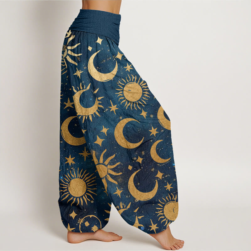 Haremshose mit elastischer Taille und Buddha Stones, Halbmond, Sonne und Sternenmuster für Damen - image 10