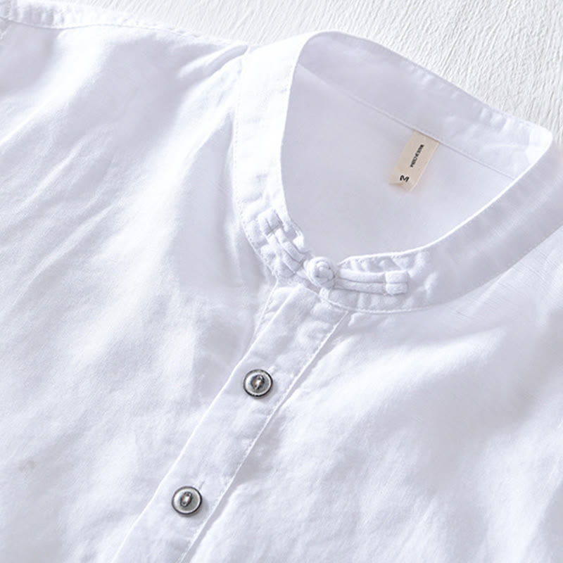 Buddha Stones Einfarbiges Halbknopf-Design Stehkragen Herren Kurzarmhemd aus Baumwolle und Leinen - image 6