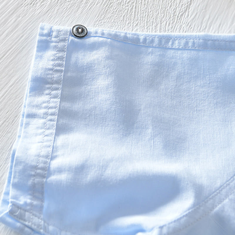 Buddha Stones Einfarbiges Halbknopf-Design Stehkragen Herren Kurzarmhemd aus Baumwolle und Leinen - image 21