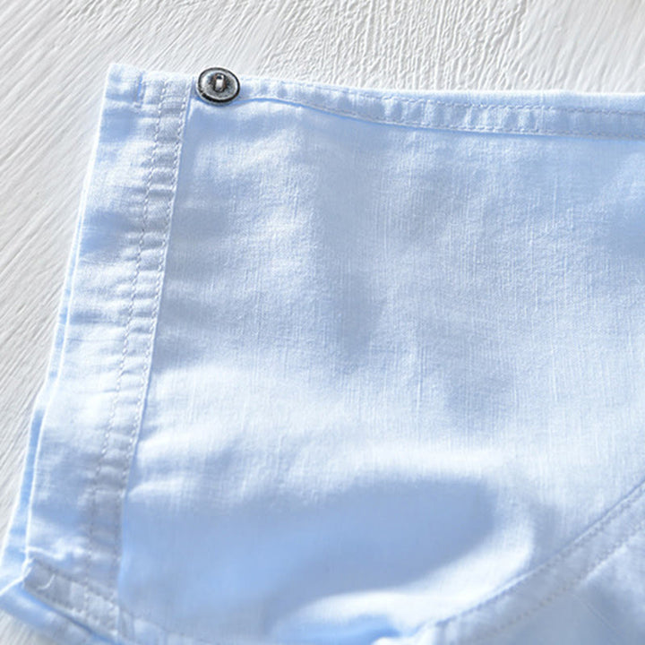 Buddha Stones Einfarbiges Halbknopf-Design Stehkragen Herren Kurzarmhemd aus Baumwolle und Leinen - image 21