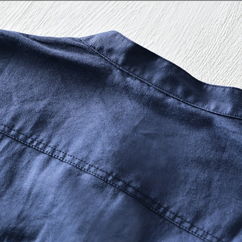 Buddha Stones Einfarbiges Halbknopf-Design Stehkragen Herren Kurzarmhemd aus Baumwolle und Leinen - image 12