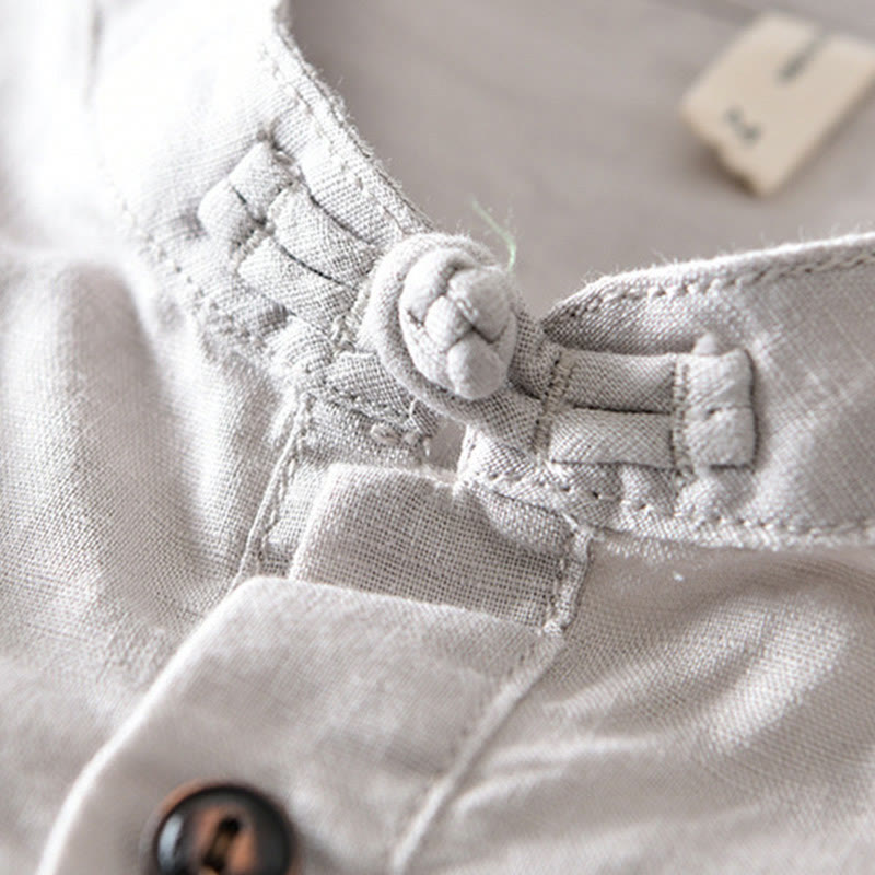 Buddha Stones Einfarbiges Halbknopf-Design Stehkragen Herren Kurzarmhemd aus Baumwolle und Leinen - image 4