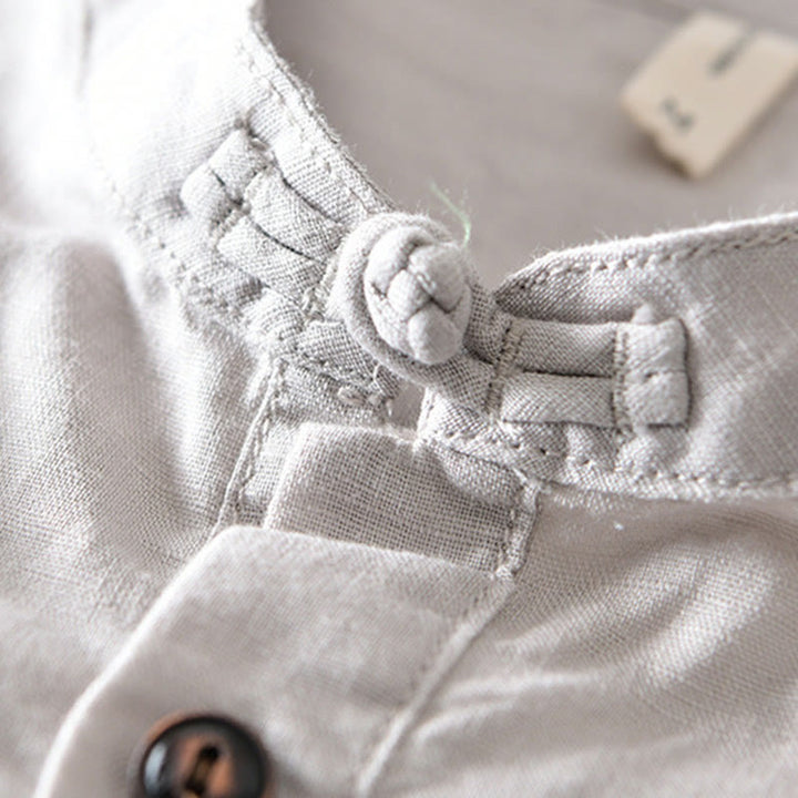 Buddha Stones Einfarbiges Halbknopf-Design Stehkragen Herren Kurzarmhemd aus Baumwolle und Leinen - image 4