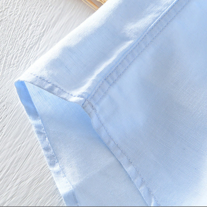 Buddha Stones Einfarbiges Halbknopf-Design Stehkragen Herren Kurzarmhemd aus Baumwolle und Leinen - image 20