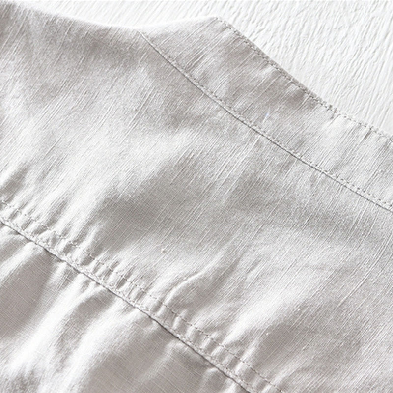 Buddha Stones Einfarbiges Halbknopf-Design Stehkragen Herren Kurzarmhemd aus Baumwolle und Leinen - image 3