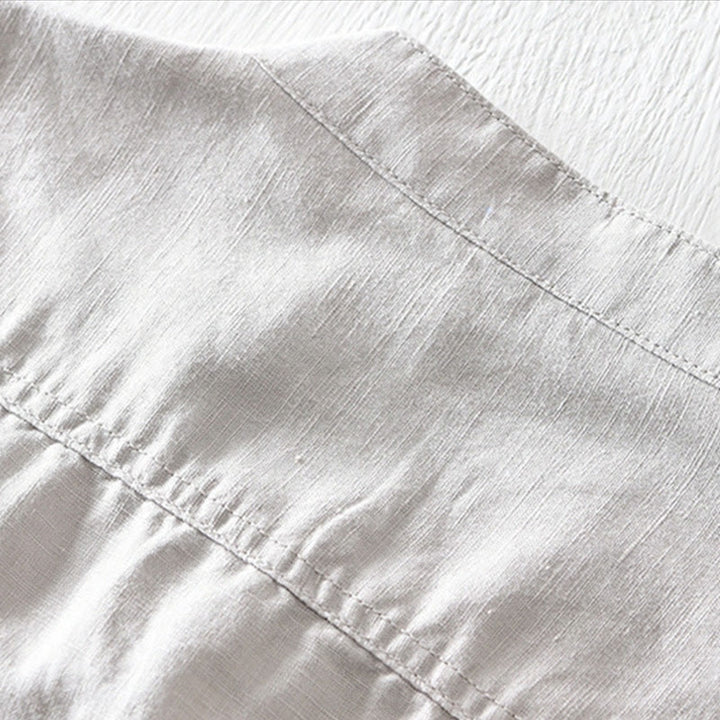 Buddha Stones Einfarbiges Halbknopf-Design Stehkragen Herren Kurzarmhemd aus Baumwolle und Leinen - image 3