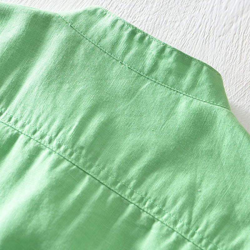 Buddha Stones Einfarbiges Halbknopf-Design Stehkragen Herren Kurzarmhemd aus Baumwolle und Leinen - image 15