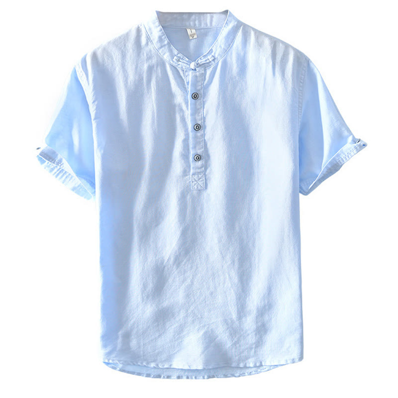 Buddha Stones Einfarbiges Halbknopf-Design Stehkragen Herren Kurzarmhemd aus Baumwolle und Leinen - image 22