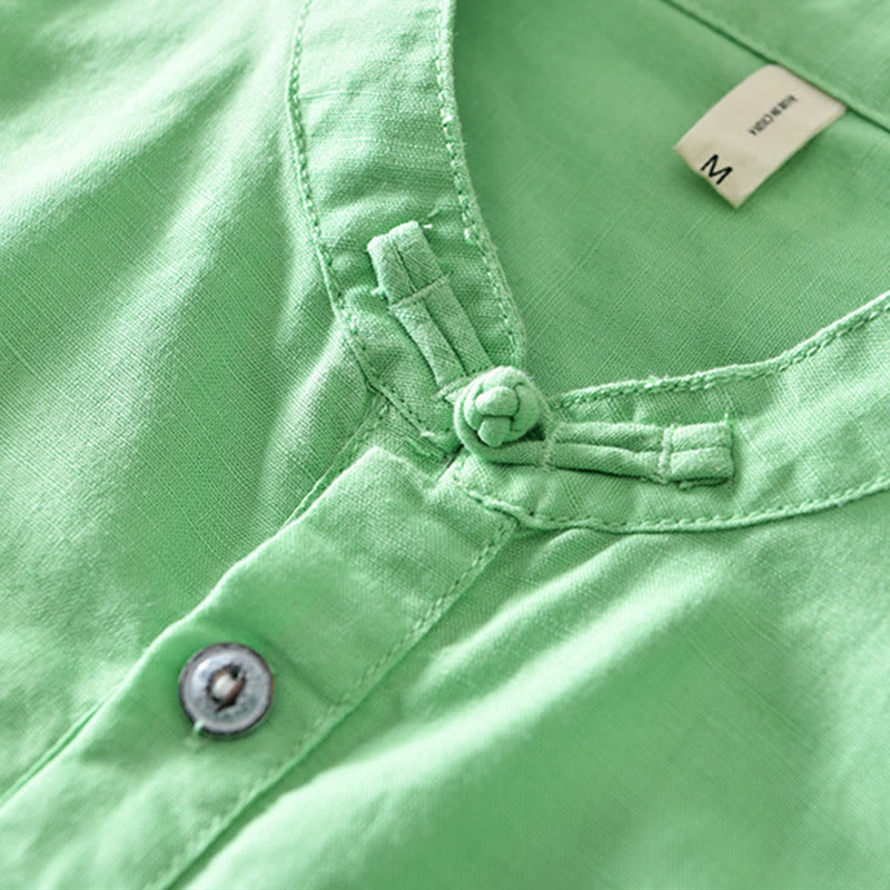 Buddha Stones Einfarbiges Halbknopf-Design Stehkragen Herren Kurzarmhemd aus Baumwolle und Leinen - image 16