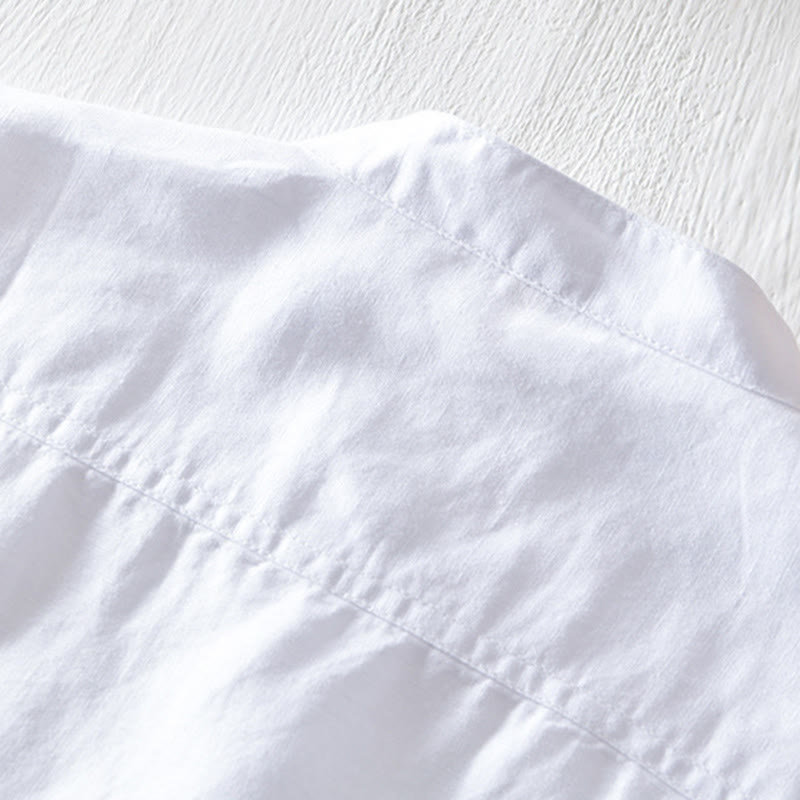 Buddha Stones Einfarbiges Halbknopf-Design Stehkragen Herren Kurzarmhemd aus Baumwolle und Leinen - image 7