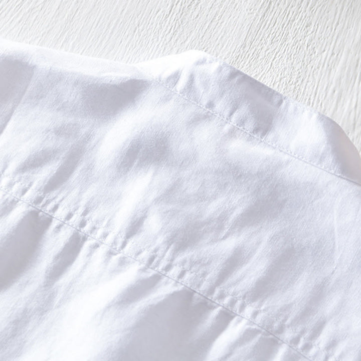 Buddha Stones Einfarbiges Halbknopf-Design Stehkragen Herren Kurzarmhemd aus Baumwolle und Leinen - image 7