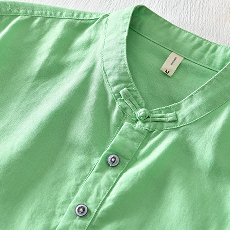 Buddha Stones Einfarbiges Halbknopf-Design Stehkragen Herren Kurzarmhemd aus Baumwolle und Leinen - image 14