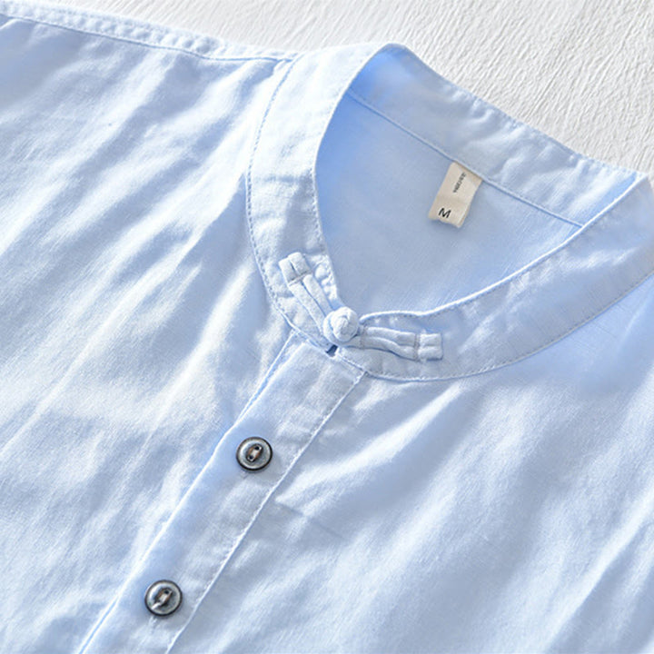 Buddha Stones Einfarbiges Halbknopf-Design Stehkragen Herren Kurzarmhemd aus Baumwolle und Leinen - image 19