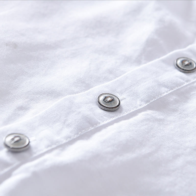 Buddha Stones Einfarbiges Halbknopf-Design Stehkragen Herren Kurzarmhemd aus Baumwolle und Leinen - image 8