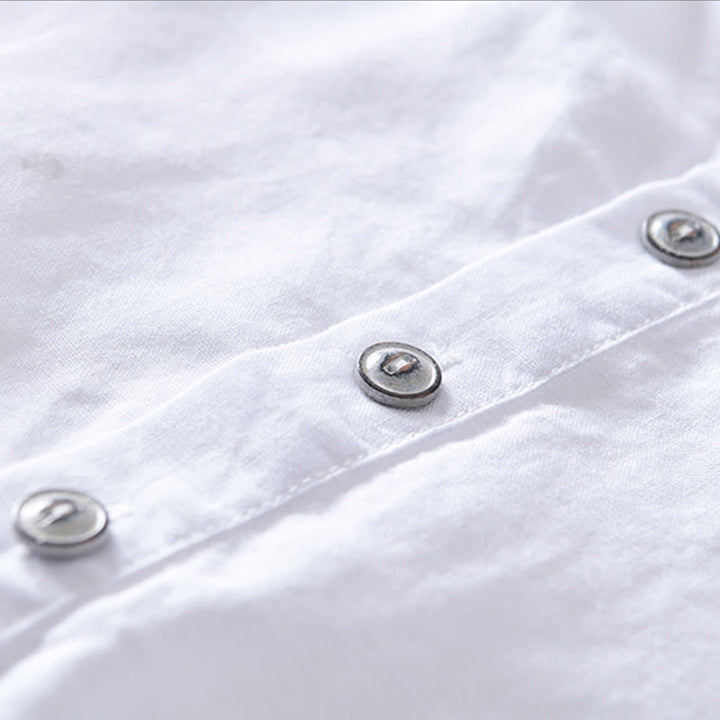 Buddha Stones Einfarbiges Halbknopf-Design Stehkragen Herren Kurzarmhemd aus Baumwolle und Leinen - image 8