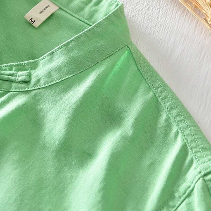 Buddha Stones Einfarbiges Halbknopf-Design Stehkragen Herren Kurzarmhemd aus Baumwolle und Leinen - image 17