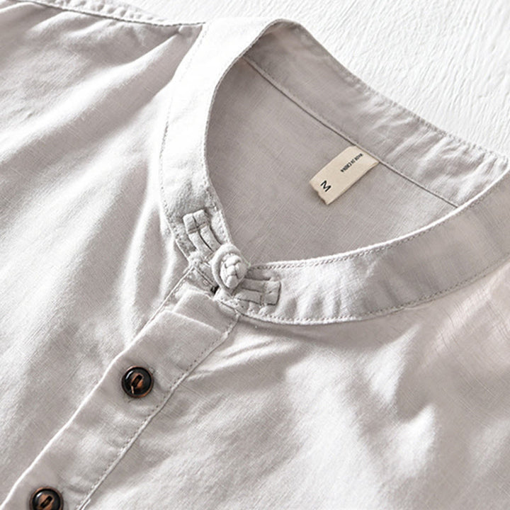 Buddha Stones Einfarbiges Halbknopf-Design Stehkragen Herren Kurzarmhemd aus Baumwolle und Leinen - image 2