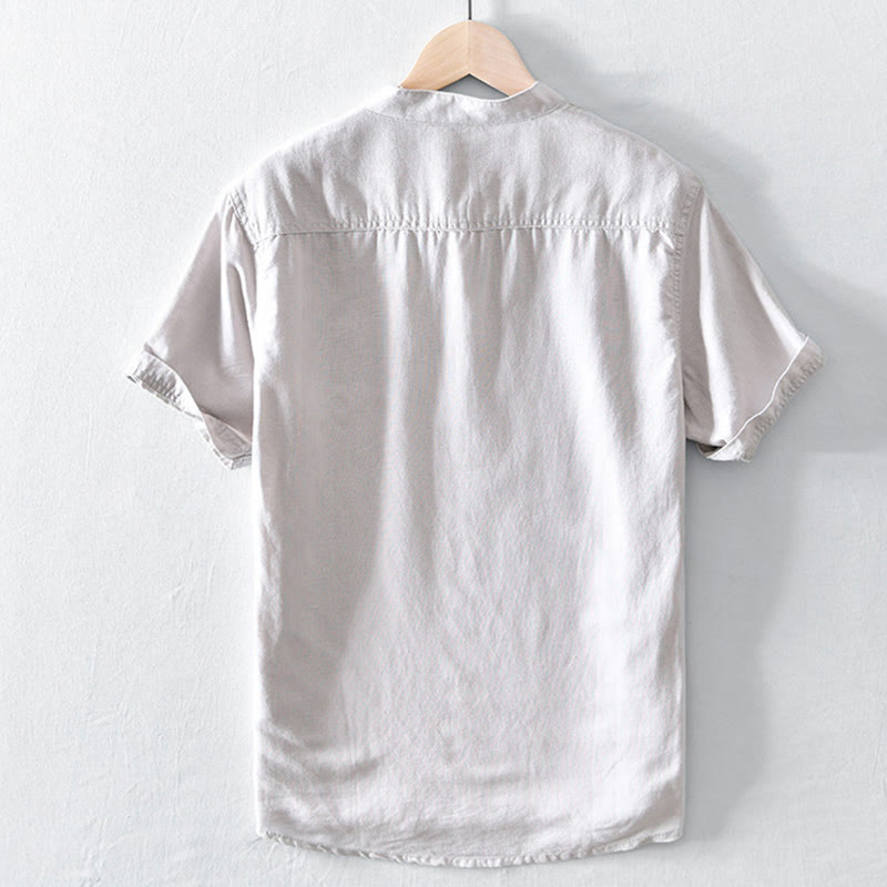 Buddha Stones Einfarbiges Halbknopf-Design Stehkragen Herren Kurzarmhemd aus Baumwolle und Leinen - image 1