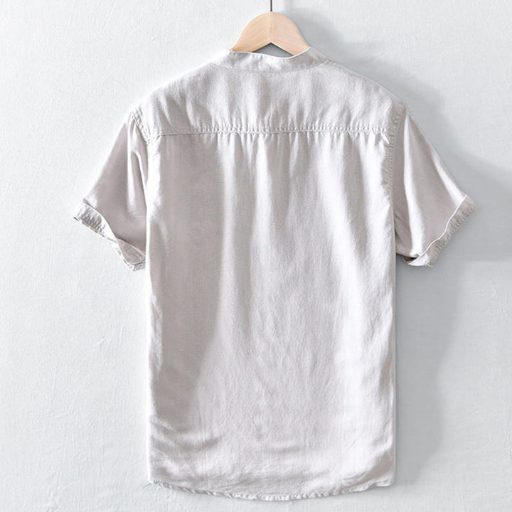 Buddha Stones Einfarbiges Halbknopf-Design Stehkragen Herren Kurzarmhemd aus Baumwolle und Leinen - image 1