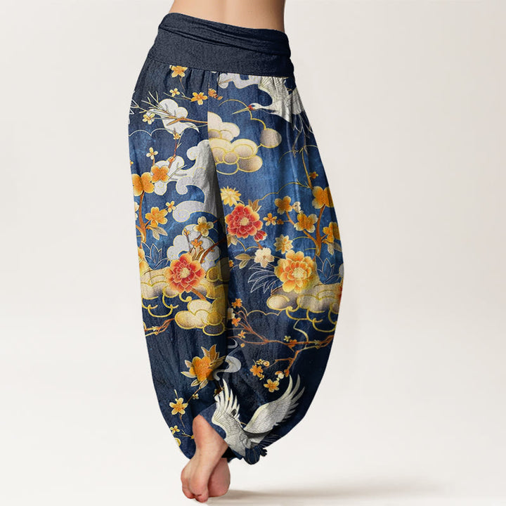 Buddha Stones, glückverheißende Wolken, weiße Kraniche, rote Blumen, Musterdesign, Damen-Haremshose mit elastischer Taille - image 2