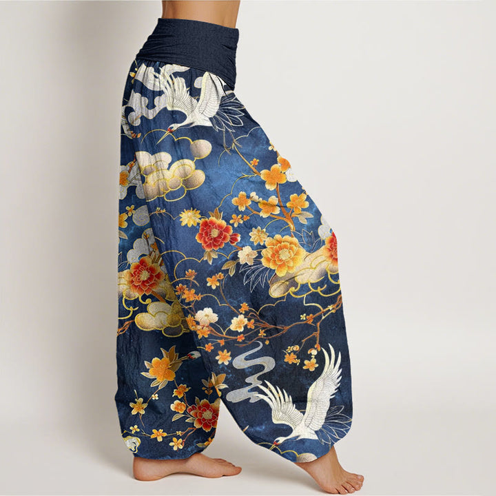 Buddha Stones, glückverheißende Wolken, weiße Kraniche, rote Blumen, Musterdesign, Damen-Haremshose mit elastischer Taille - image 3