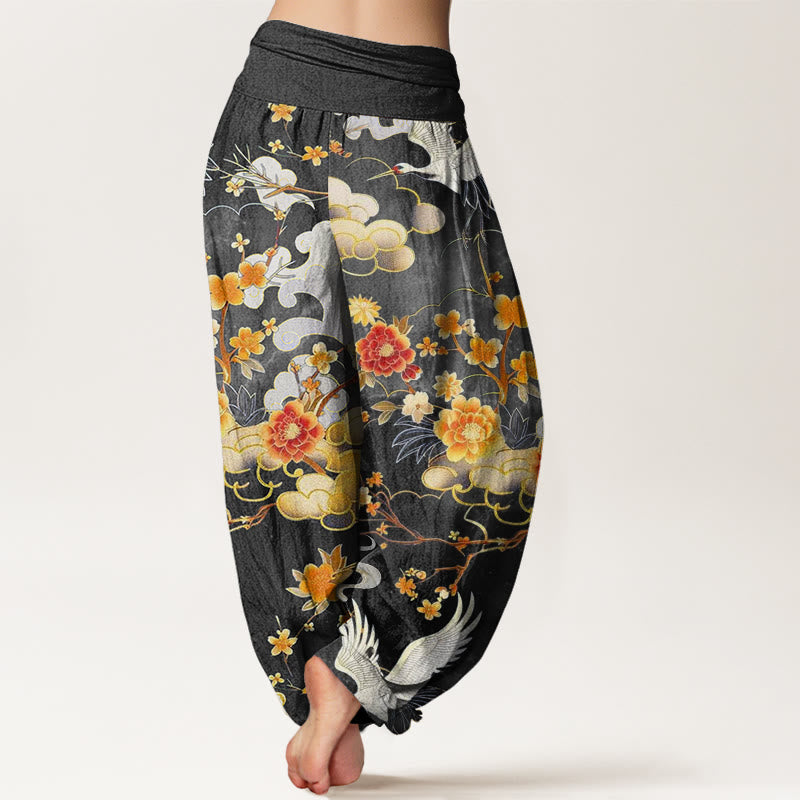 Buddha Stones, glückverheißende Wolken, weiße Kraniche, rote Blumen, Musterdesign, Damen-Haremshose mit elastischer Taille - image 6