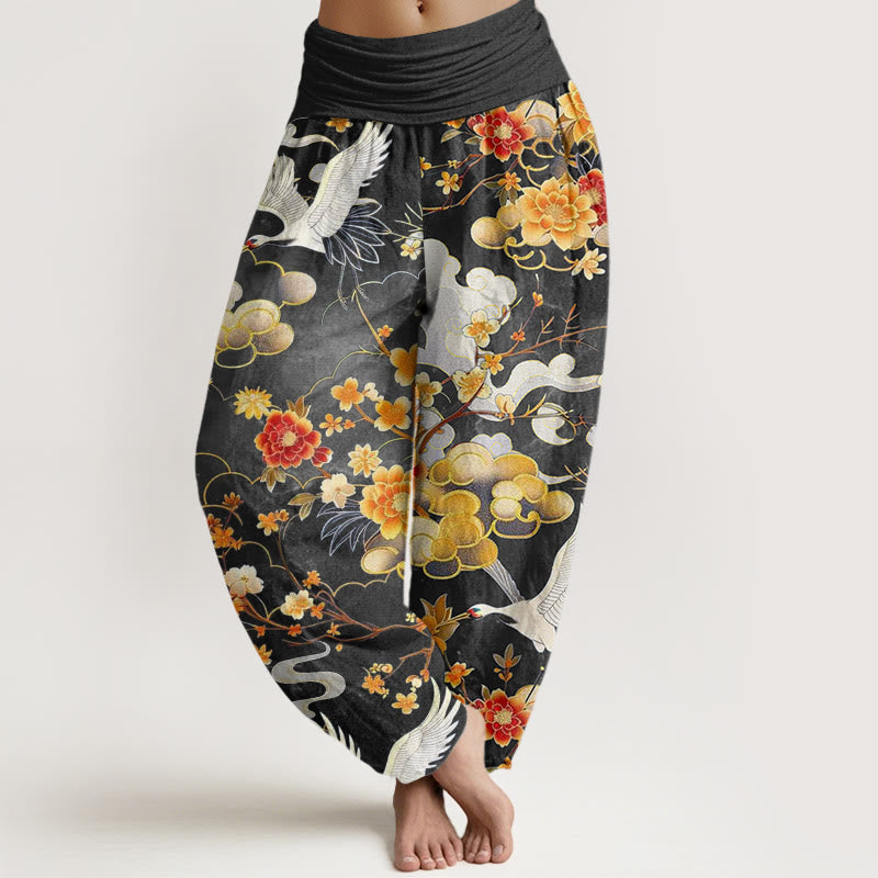 Buddha Stones, glückverheißende Wolken, weiße Kraniche, rote Blumen, Musterdesign, Damen-Haremshose mit elastischer Taille - Schwarz - US22， UK/AU26，EU54 (6XL) - image 5