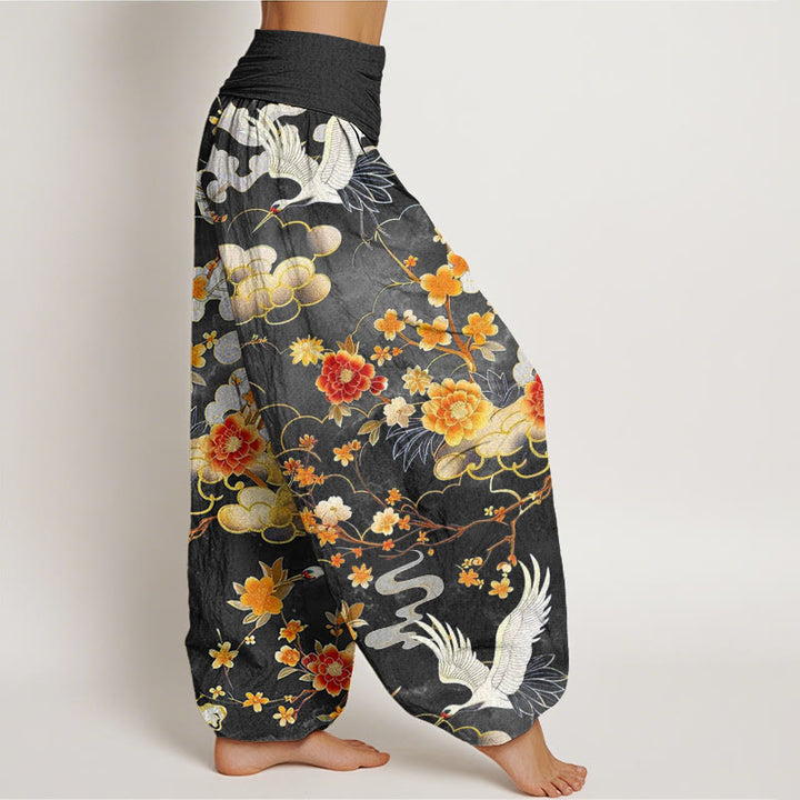 Buddha Stones, glückverheißende Wolken, weiße Kraniche, rote Blumen, Musterdesign, Damen-Haremshose mit elastischer Taille - image 7