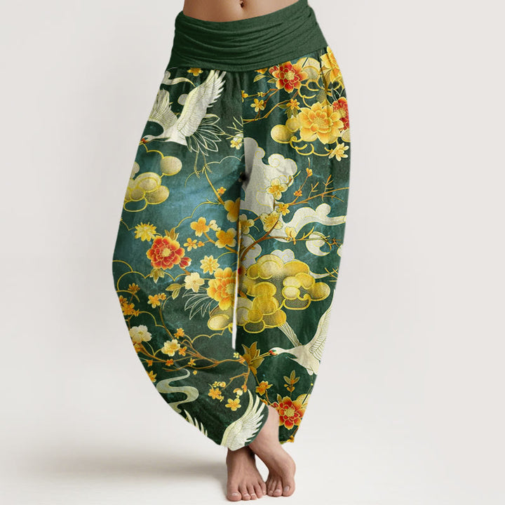 Buddha Stones, glückverheißende Wolken, weiße Kraniche, rote Blumen, Musterdesign, Damen-Haremshose mit elastischer Taille - Seegrün - US22， UK/AU26，EU54 (6XL) - image 8