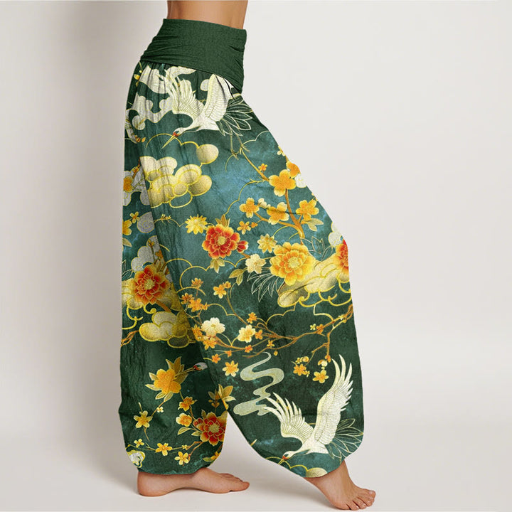 Buddha Stones, glückverheißende Wolken, weiße Kraniche, rote Blumen, Musterdesign, Damen-Haremshose mit elastischer Taille - image 10
