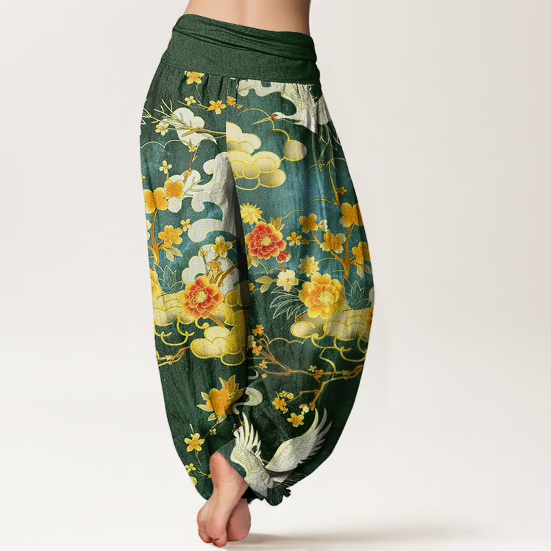 Buddha Stones, glückverheißende Wolken, weiße Kraniche, rote Blumen, Musterdesign, Damen-Haremshose mit elastischer Taille - image 9