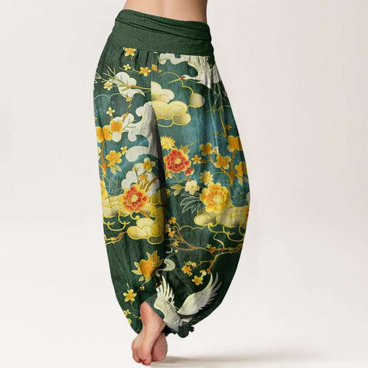 Buddha Stones, glückverheißende Wolken, weiße Kraniche, rote Blumen, Musterdesign, Damen-Haremshose mit elastischer Taille - image 9