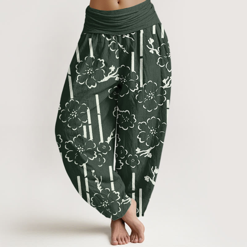 Haremshose mit elastischer Taille und Buddha Stones und floralen Linien - Seegrün - US22， UK/AU26，EU54 (6XL) - image 1
