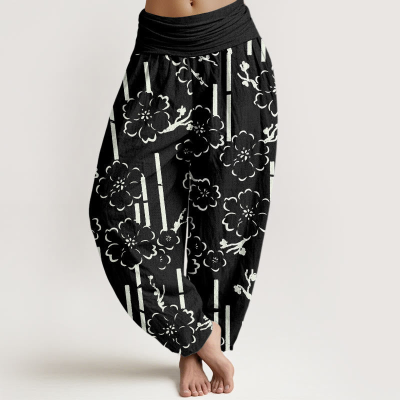 Haremshose mit elastischer Taille und Buddha Stones und floralen Linien - Schwarz - US22， UK/AU26，EU54 (6XL) - image 5