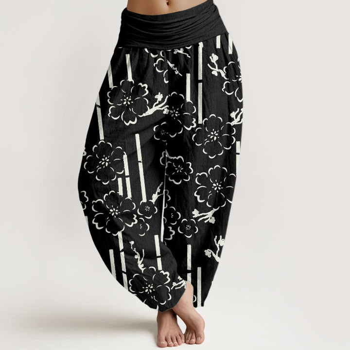 Haremshose mit elastischer Taille und Buddha Stones und floralen Linien - Schwarz - US22， UK/AU26，EU54 (6XL) - image 5