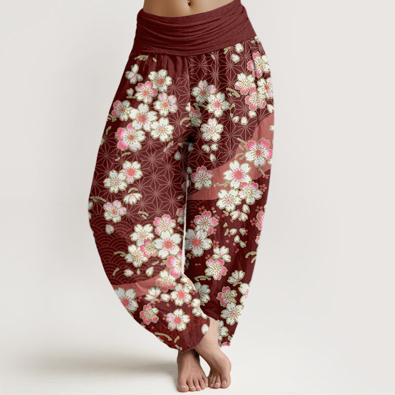 Buddha Stones, rosa Kirschblüten, sechszackige Sterne, Musterdesign, elastische Taillen-Haremshose für Damen - Dunkelrot - US22， UK/AU26，EU54 (6XL) - image 1