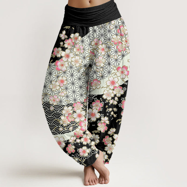 Buddha Stones, rosa Kirschblüten, sechszackige Sterne, Musterdesign, elastische Taillen-Haremshose für Damen - Schwarz - US22， UK/AU26，EU54 (6XL) - image 5