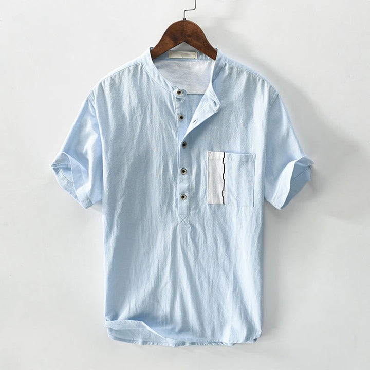 Buddha Stones Herren-Kurzarmhemd aus Baumwollleinen mit Farbkontrast und halben Knöpfen und Tasche - HellHimmelBlau - US/ UK/AU42，EU52 (3XL) - image 10