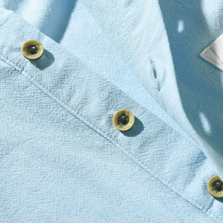 Buddha Stones Herren-Kurzarmhemd aus Baumwollleinen mit Farbkontrast und halben Knöpfen und Tasche - image 11