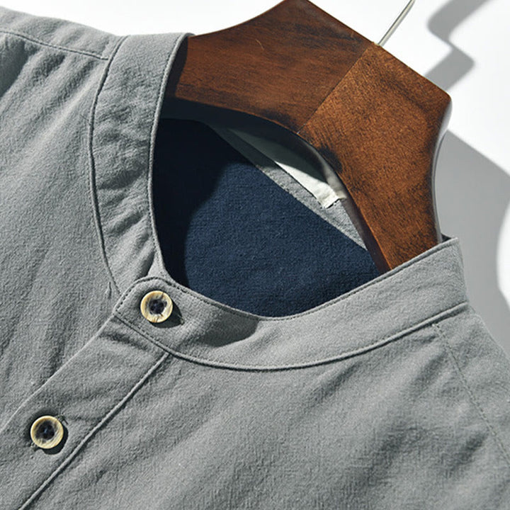 Buddha Stones Herren-Kurzarmhemd aus Baumwollleinen mit Farbkontrast und halben Knöpfen und Tasche - image 8