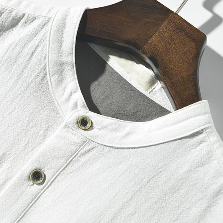 Buddha Stones Herren-Kurzarmhemd aus Baumwollleinen mit Farbkontrast und halben Knöpfen und Tasche - image 2