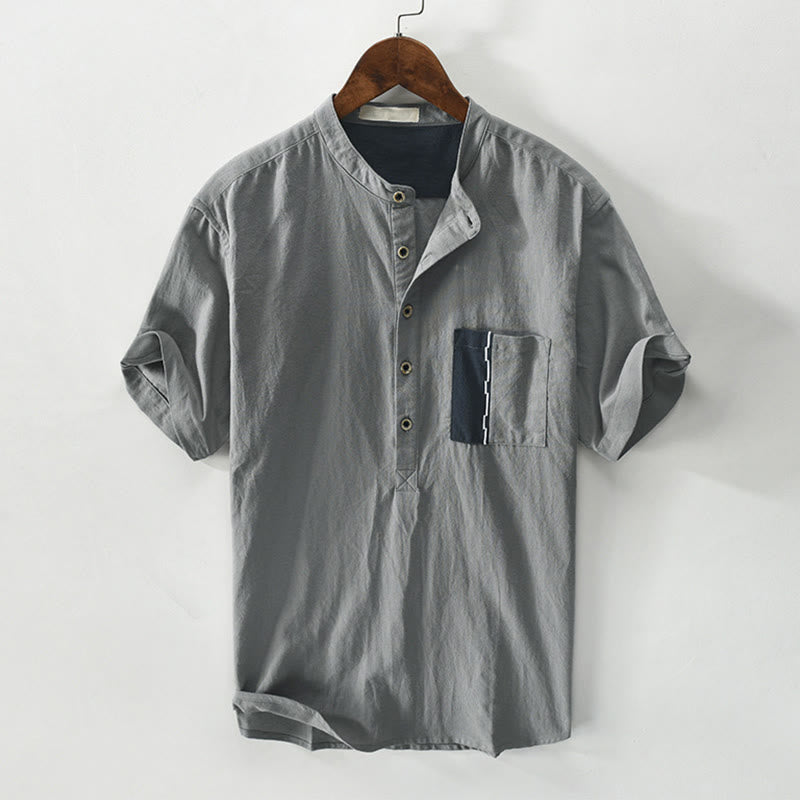 Buddha Stones Herren-Kurzarmhemd aus Baumwollleinen mit Farbkontrast und halben Knöpfen und Tasche - Grau - US/ UK/AU42, EU52 (3XL) - image 7