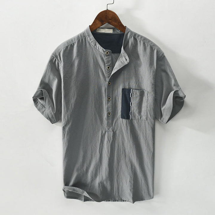 Buddha Stones Herren-Kurzarmhemd aus Baumwollleinen mit Farbkontrast und halben Knöpfen und Tasche - Grau - US/ UK/AU42, EU52 (3XL) - image 7