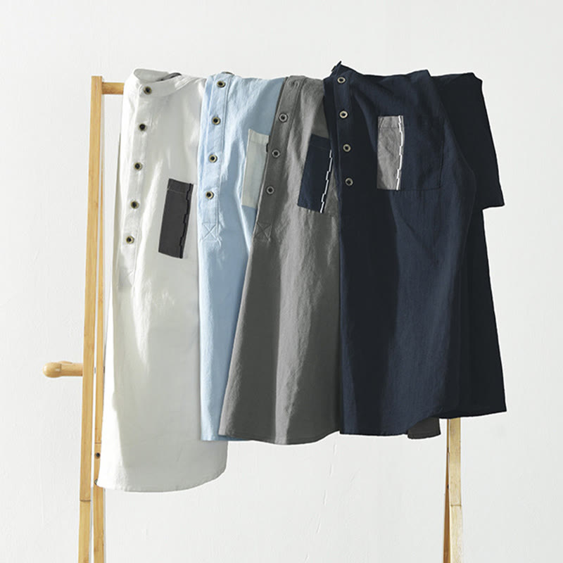 Buddha Stones Herren-Kurzarmhemd aus Baumwollleinen mit Farbkontrast und halben Knöpfen und Tasche - image 16