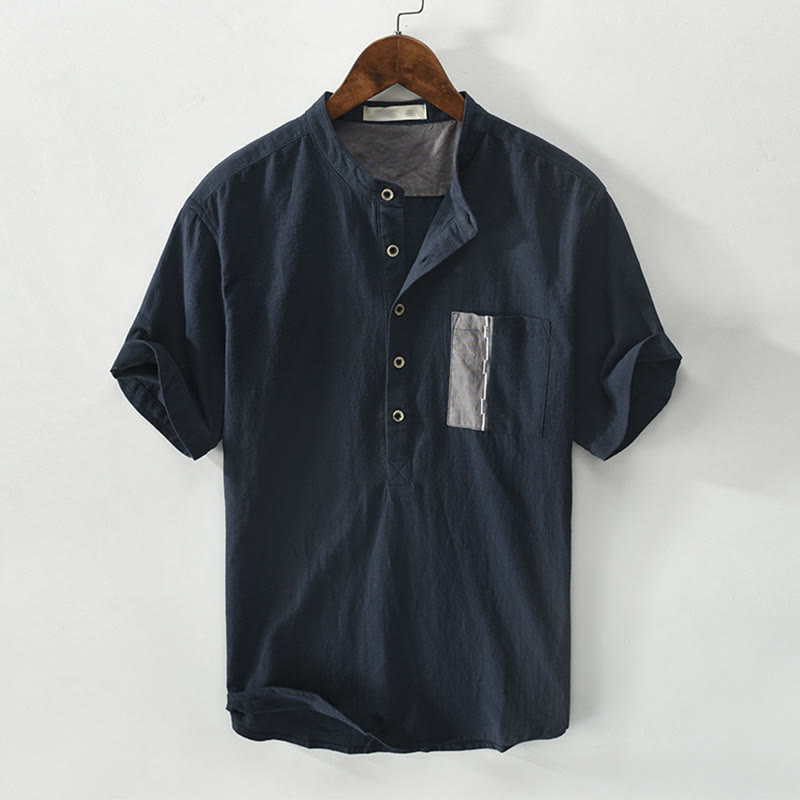 Buddha Stones Herren-Kurzarmhemd aus Baumwollleinen mit Farbkontrast und halben Knöpfen und Tasche - Mitternachtsblau - US/ UK/AU42，EU52 (3XL) - image 13