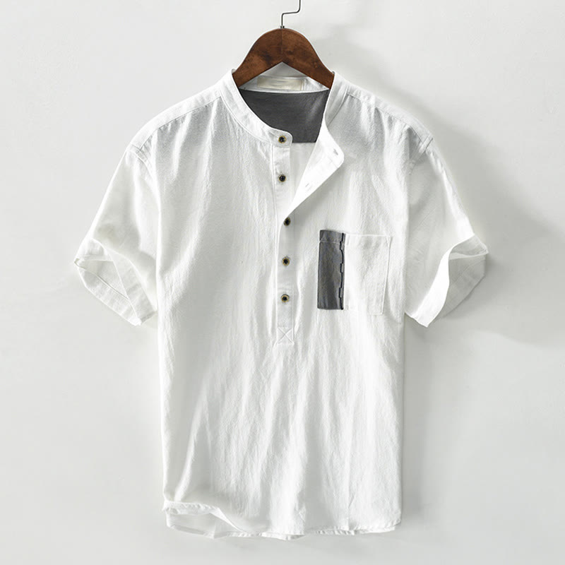 Buddha Stones Herren-Kurzarmhemd aus Baumwollleinen mit Farbkontrast und halben Knöpfen und Tasche - Weiß - US/ UK/AU42，EU52 (3XL) - image 0